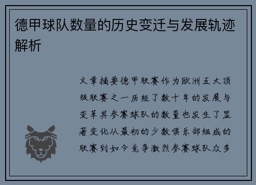 德甲球队数量的历史变迁与发展轨迹解析