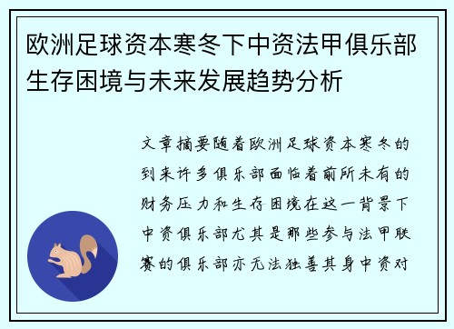 欧洲足球资本寒冬下中资法甲俱乐部生存困境与未来发展趋势分析