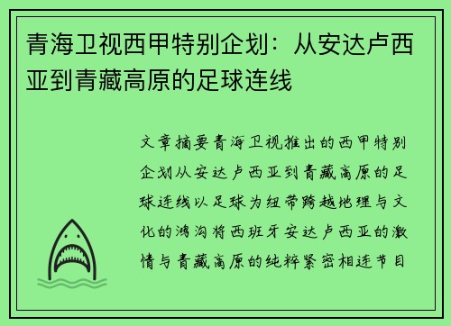 青海卫视西甲特别企划：从安达卢西亚到青藏高原的足球连线