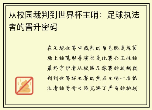 从校园裁判到世界杯主哨：足球执法者的晋升密码
